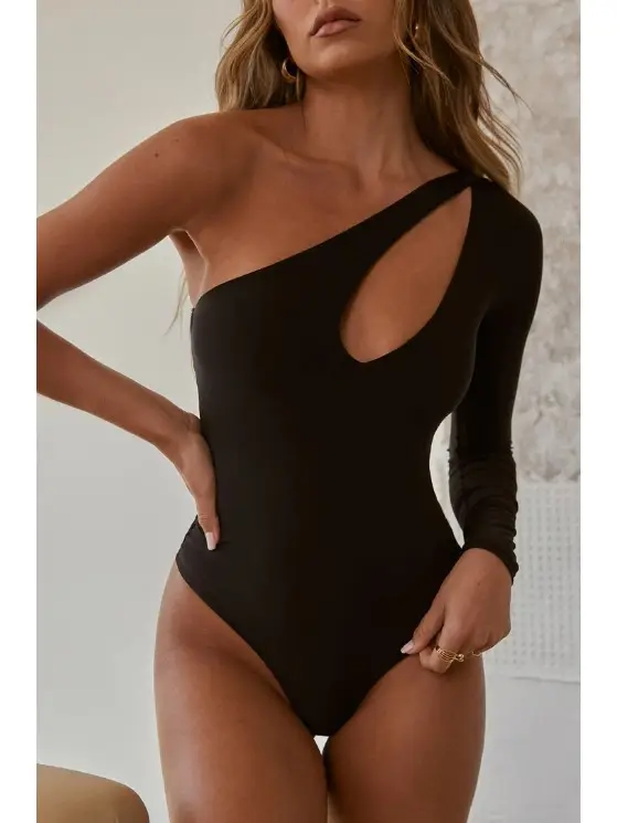 One Shoulder Cut Out Snap Button Thong Lined Bodysuit Black